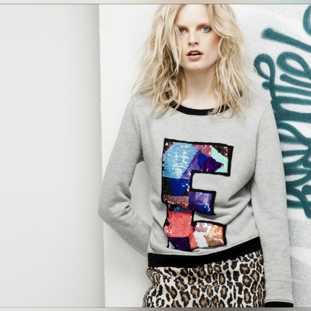 ​Essentiel Antwerp Sequin E Logo Grey Cotton Sweatshirt S